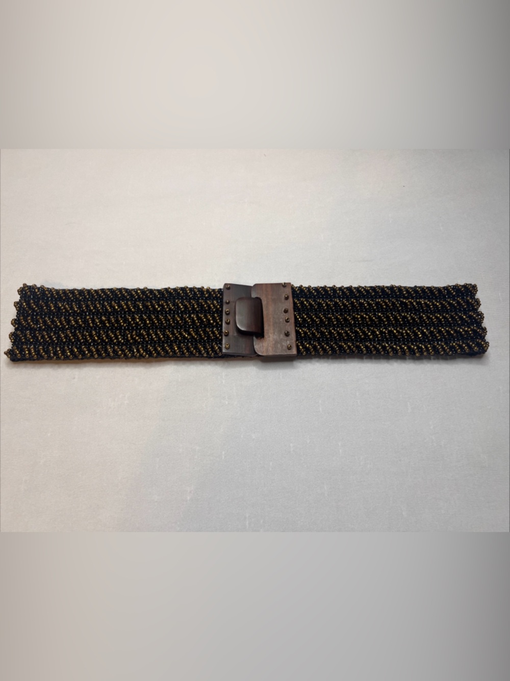 Vintage Boho Beaded Stretch Belt Bronze Brown Wood Buckle Wide Y2K Retro - Picture 5 of 12